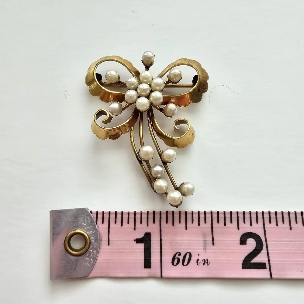 Vintage Signed FB Foster & Bailey 1/20 12K Gold Filled Pearl Bow Brooch MCM